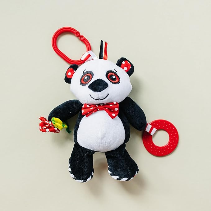 Panda Plush with High Contrast Colors, Cute Stuffed Animal Toys for Baby, Panda Toy, Teether with Clip, Multiple Textures, Taggies, Squeaky Body, Crinkle Fabric, Baby Gift, Teething Toy, 8" Tall