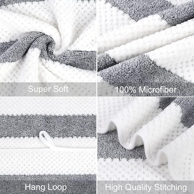JML Large Bath Towels Set of 2, Waffle Stripe Grey, 30" x 60" | Microfiber, Oversized, Lightweight,Super Absorbent, Fast Drying, Haning Loop,For Sauna, Shower, Pool, Sport, Fitness, Yoga