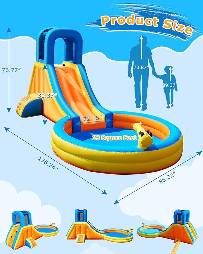 Inflatable Water Slide for Kids – 5-in-1 Blow Up Bounce House with Long Slide, Climbing Wall, Splash Pool, Water Cannon, Spray Water Spout – Backyard Toddler Water Park with 370W Blower & Storage Bag