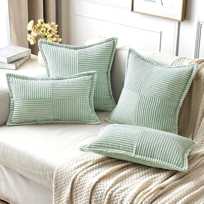 MIULEE Mint Green Corduroy Pillow Covers 20x20 Inch with Splicing Set of 2 Soft Boho Striped Pillow Covers Broadside Decorative Textured Summer Pillowcases for Couch Cushion Bed Livingroom