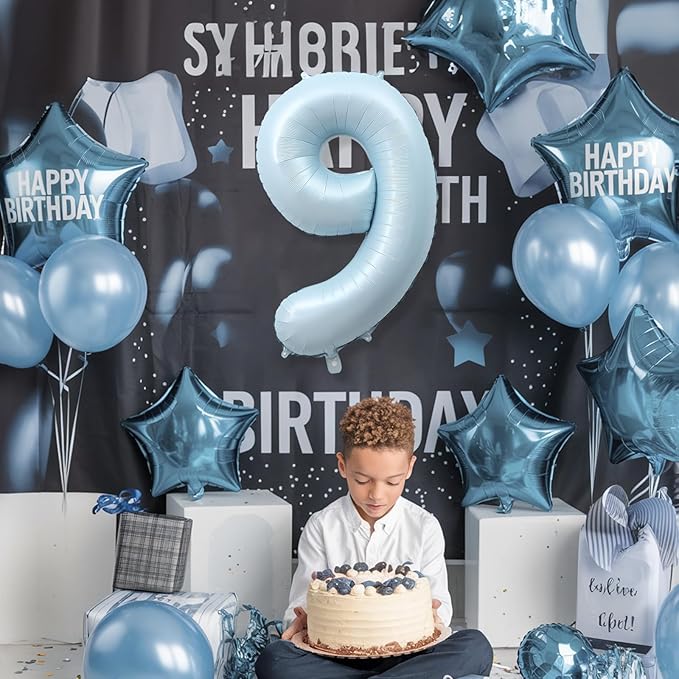 Big Number 9 Balloons, Light Sky Blue Foil 9 Balloon Numbers 40 Inch, Giant 9th Birthday Party Decor, Pastel Baby Matte Blue Mylar Helium Self Inflating Balloon for Boy Birthday Anniversary Decoration