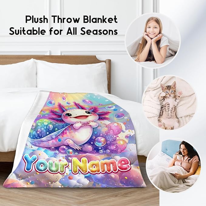 Axolotl Blanket Gifts - Personalized Girls Blankets for Kids - 4 Sizes Soft Cute Throw for Toddler