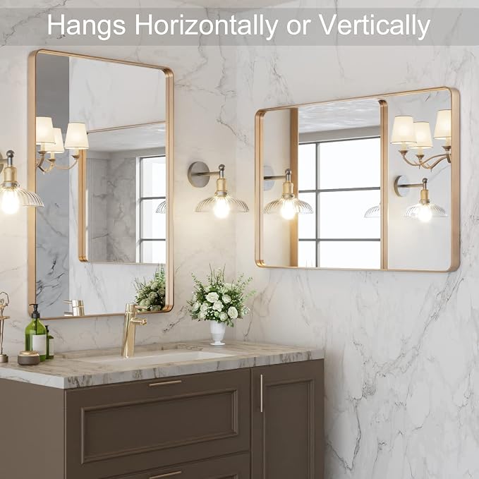 LOAAO 20"X30" Gold Bathroom Mirror | Rounded Rectangle, Brushed Gold Frame, Wall-Mounted, Anti-Rust, Hangs Horizontally or Vertically