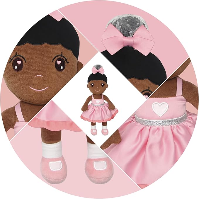 Maxshop Plush Dolls 17'' First Baby Doll for Kids Super Soft Plush Toy (Pink Dress Princess Black Doll)