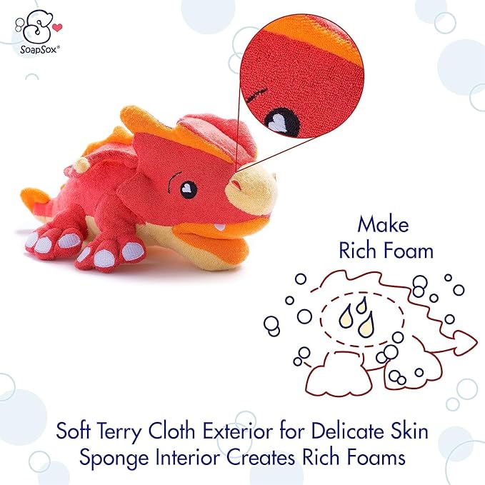 SoapSox Kids Exfoliating Bath Scrub (Scorch The Dragon) - Soft Animal Toy Wash Cloth Sponge with Soap Pocket Insert - Fun Loofah Characters for Babies, Kids and Children