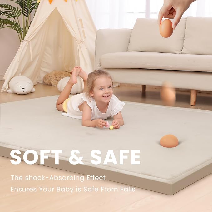 Large 79"x118" Baby Activity Play Mat for Floor,2" Extra Thick Elasti Foam Mat for Tummy Time &Crawling,Non-Slip Nursery Rug for Infants,Toddlers & Kids,Tatami Style for Classroom&Playroom (Beige)