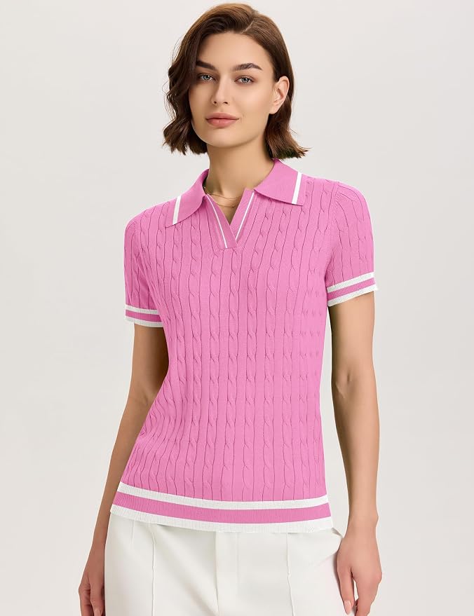 Micoson Womens Short Sleeve Sweater Tops Lapel V Neck Polo Shirts 2026 | Summer Cable Knit Loose Blouses, Business Casual Outfits