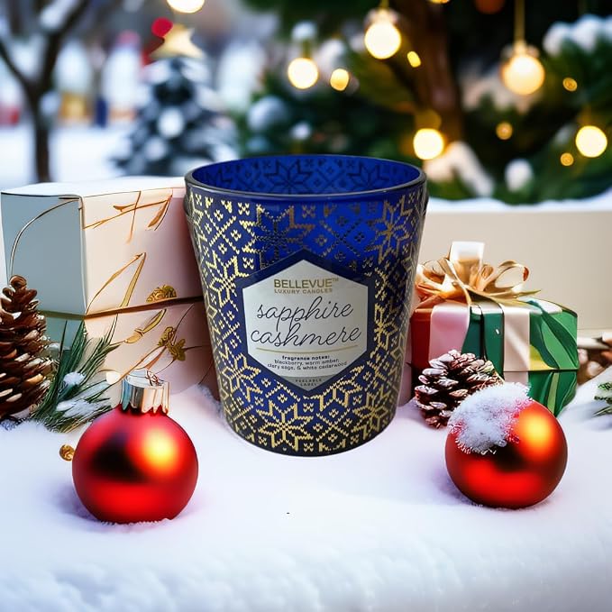 Bellevue Luxury Candles, 12 OZ Fragranced Candle, Soy Blend Wax, Essential Oils, Long-Lasting Burn, Home Fragrances, Aromatherapy Home Scented Candles Scent Sapphire Cashmere