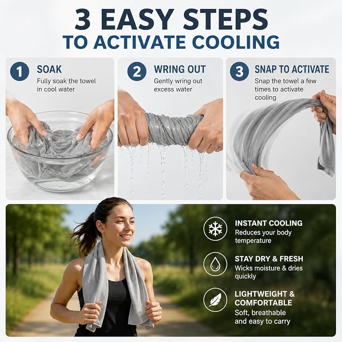 Cooling Towel for Neck and Face - 43.3" x 15.7" - Quick-Dry Microfiber - Ideal for Hot Weather, Gym, Fitness, Camping, Yoga - Light-Gray