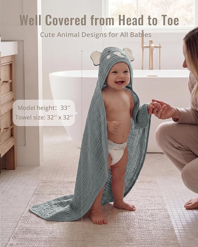 Blissful Diary Muslin Baby Hooded Towel 2 Pack, Soft & Absorbent Bath Towel for Infant, Toddler, Unisex, Baby Gift, Newborn Essentials, Smart Bear & Wise Elephant