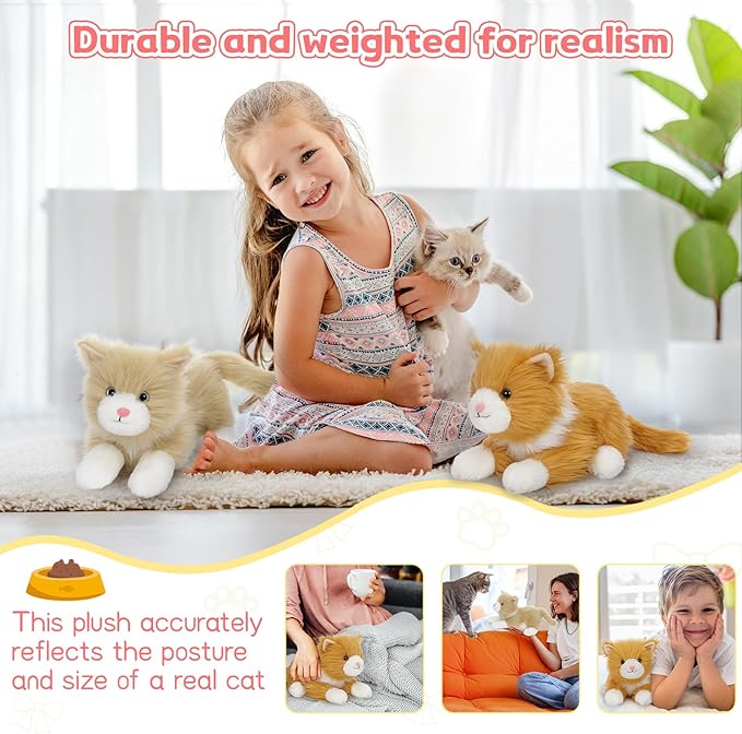 Tezituor 2 Pcs Realistic Cat Stuffed Animal Set, 17 Inch Large Stuffed Teddy Cat Plush Toy with Long-Hair, Cute Plush Kitten Birthday Gift for Girl Boy (Orange & Golden)