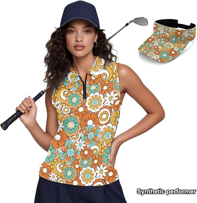 POLERO Golf Tank Top Women Golf Shirts and Visor Hat Collared Racerback Tennis Shirt Set Quarter Zip