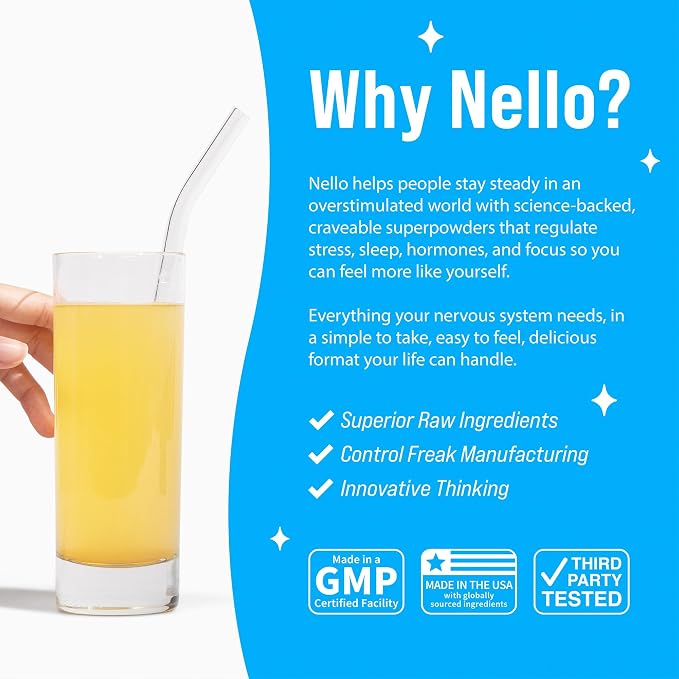 Nello Supercalm Powdered Drink Mix, Cortisol Reducer* and Sleep Aid Supplement, L Theanine, Ksm-66 Ashwagandha, Magnesium Glycinate, Vitamin D 3, No Sugar, Non GMO, On The Go, 20 Ct, Pineapple Mint