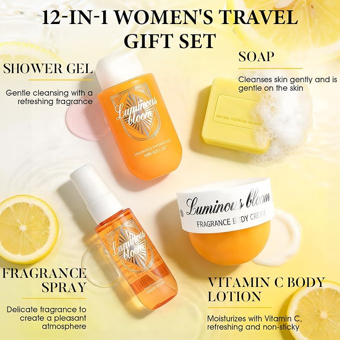 12 Pcs Self Care Kit, Complete Travel Skincare Set for Women Hydration | Includes Body Lotion, Hand Cream, Lip Balm, Eye Mask, Face Mask, Soap, Shower Gel Fragrance Spray, Birthdays Bridal Showers