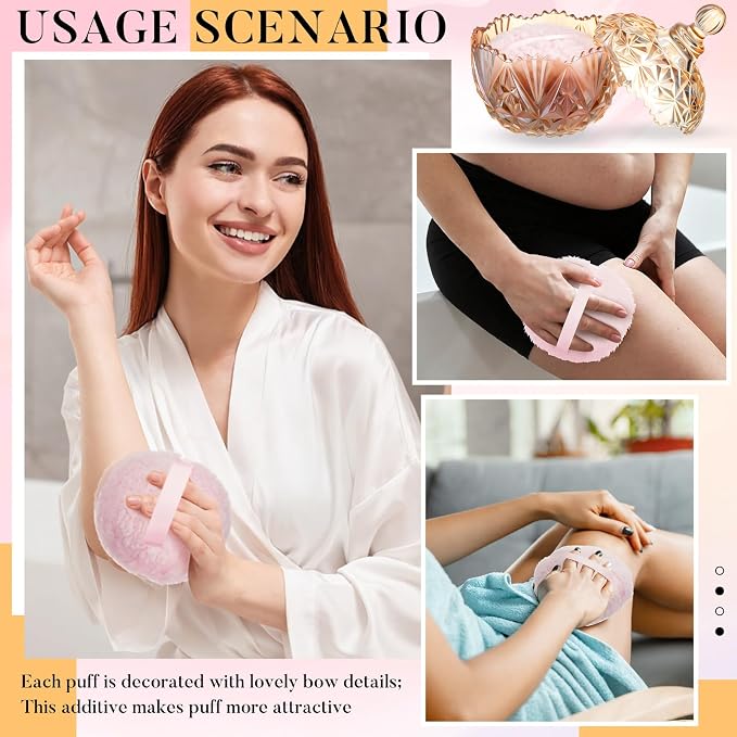 Tioncy 2 Pcs Extra Large Dusting Powder Puff and Container for Women-6'' Glass Crystal Dusting Powder Container with Body Soft Washable Reusable Velour Face(Amber,Crown)