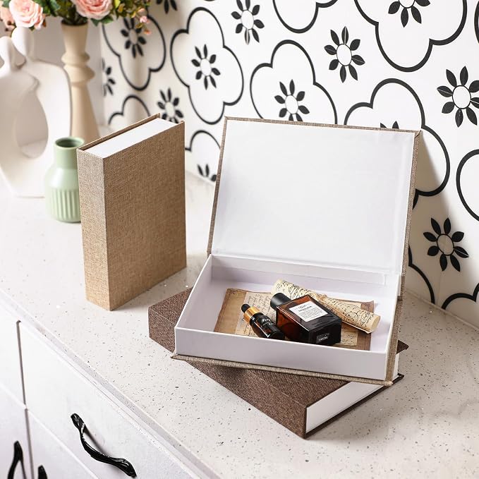 Tioncy 3 Pcs Decor Linen Faux Book Box Set Aesthetic DIY Fake Linen Book Box for Decor Storage Cafe Table Bookshelf Gift Home Keepsake(Multi Sizes,Khaki, Dark Coffee, Light Coffee)