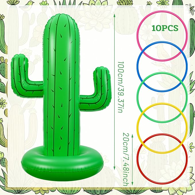 Hungdao 40 Inch Mexican Inflatable Cactus Ring Toss Game Set, Target Toss Party Games with 10 Pcs Rings Floating Summer Activity for Mexicano Fiesta Outdoor Beach Decor Cinco De Mayo Party