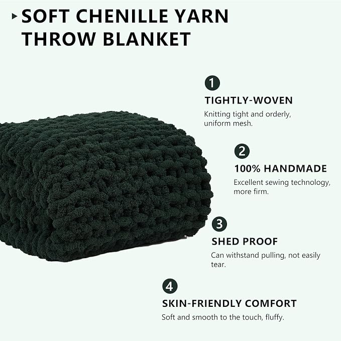 L'AGRATY Chunky Knit Throw Blanket for Couch, 30 x 40 Inches, Olive Green | Handmade Chenille Crochet Blanket for Sofa Bed, Thick Cable Knitted Blankets for Room Home Decor, Birthday Gift for Women Mom