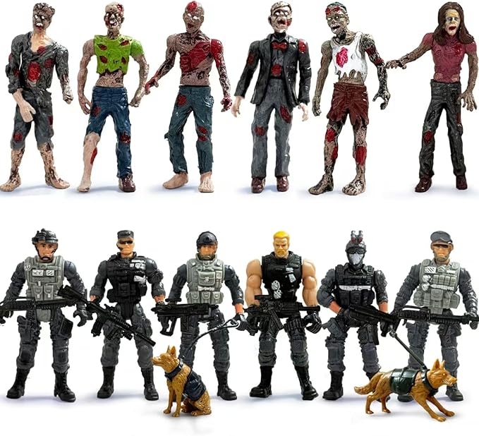 6 Army Men VS 6 Zombie Action Figures, Realistic Military Playset with Weapons 2 Dog Figures, Halloween for Boys 4-7 (14PCS)