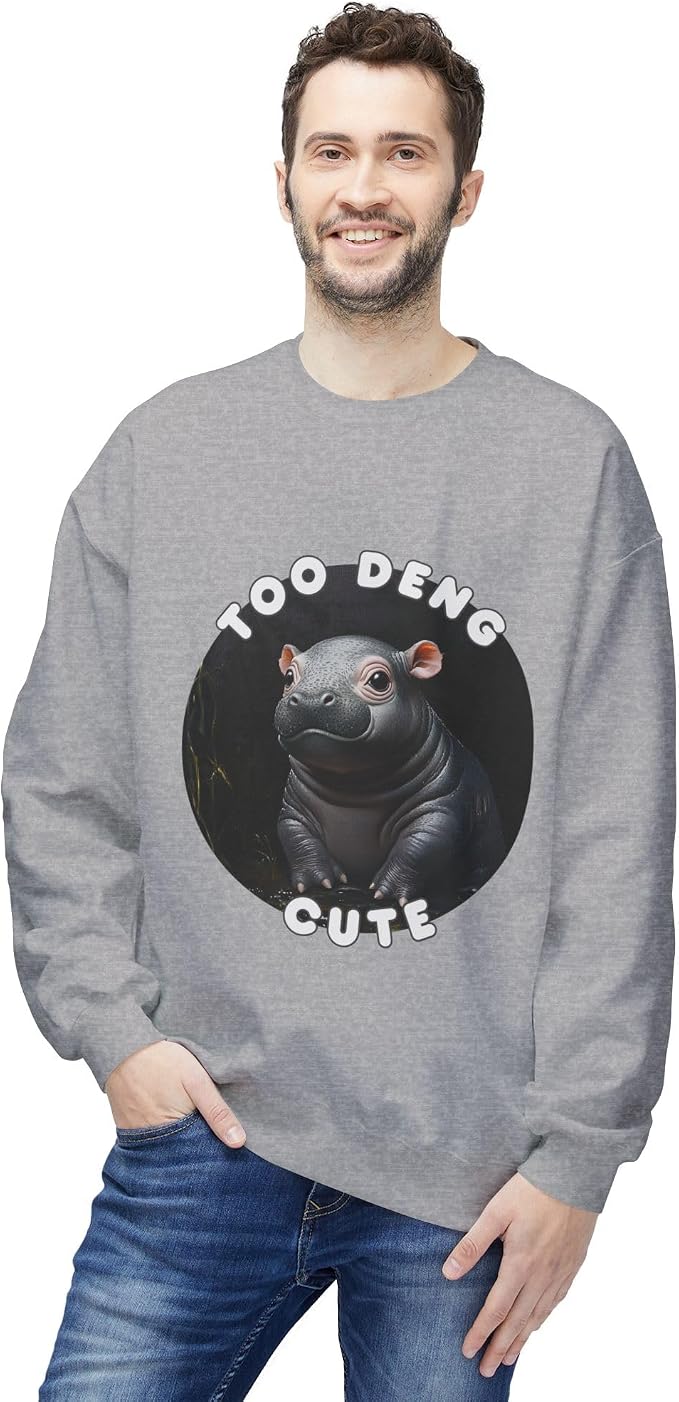 Unisex Fleece Crewneck Sweatshirt - Too Deng Cute Moo Deng Hippo, Cozy Cotton Blend, Classic Relaxed Fit