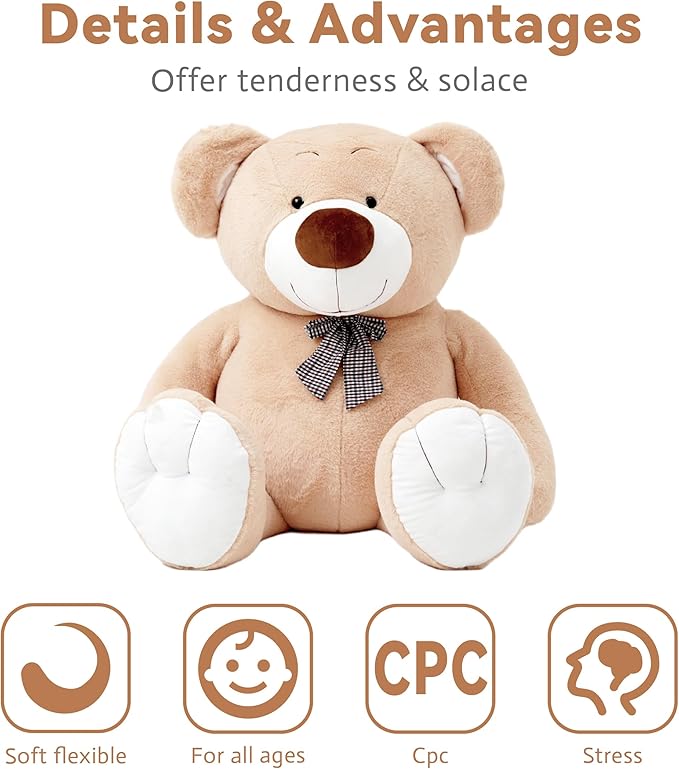 Giant Teddy Bear Stuffed Animal, Big Teddy Bear Plush, Birthday Christmas Valentine's Gift for Girlfriend & Kids, Light Brown