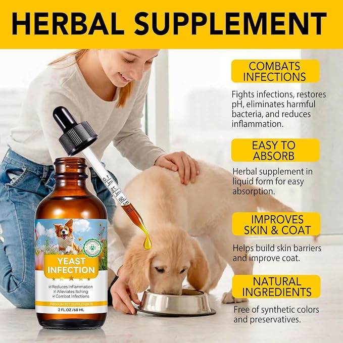 Yeast Infection Treatment for Dogs, Natural Dog Yeast Infection Relief for Itchy Skin & Ear, with Multivitamins Probiotics, Bacon Flavor Liquid Supplement for All Breeds, 2 FL OZ ﻿