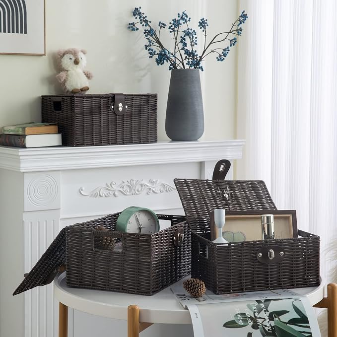 Set of 3 Woven Wicker Storage Basket Box with Lids & Lock, Built-in Carry Handles, Multifunctional Storage Organizer for Nursery, Baby, Clothes, Toys, Books, Large/Medium/Small Size (Brown)
