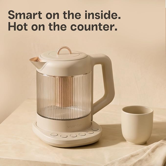 Viante Nina Electric Tea Kettle with Infuser, No Plastic In Contact With Water, 1.5L Borosilicate Glass, 304 Stainless Steel, 4 Temp Presets, Keep Warm, Cordless, Auto Shut-Off, Beige