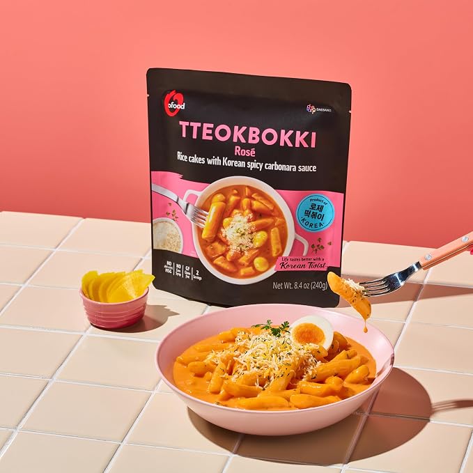 Tteokbokki Korean Rice Cakes – [Rose/Spicy Carbonara | Pack of 1] – Gluten Free | Ready in 3 Minutes | 0 Cholesterol/ 0 Trans Fat | 2 Servings Street Snack | Healthy/Savory/Spicy - O’food