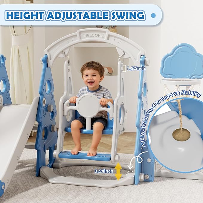 KORIMEFA 6-in-1 Kids Slide and Swing Set, Toddler Slide with Basketball Hoop, Swing, Outdoor Indoor Playground for Toddlers 1-3 Pine Shape Design(6 in1-Blue)