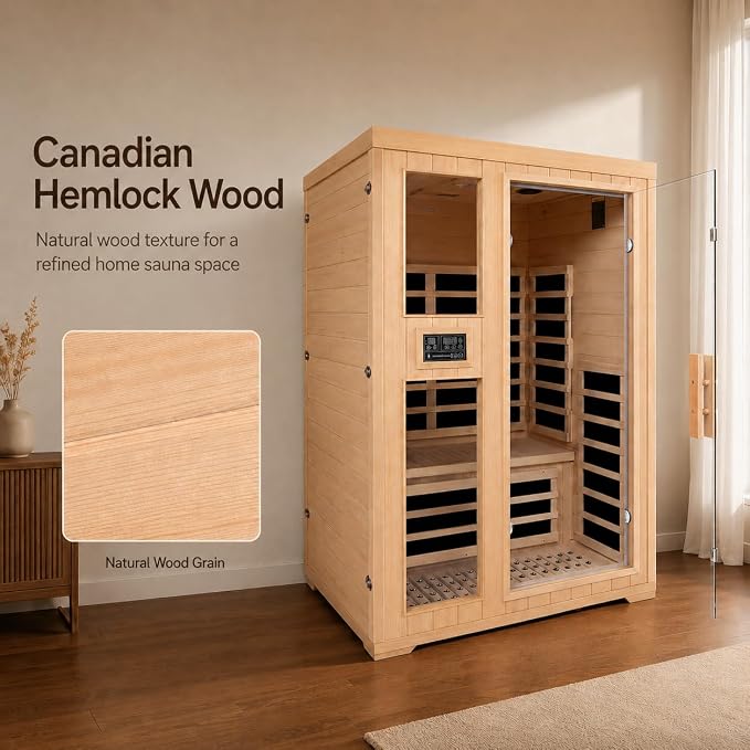 2-Person Infrared Sauna, Indoor Home Sauna Room Hemlock Wood Sauna Low EMF Far Infrared Heating with Tempered Glass Door Bluetooth Speakers, Chromotherapy Lights for Family（110V, 1850W）Truck delivery