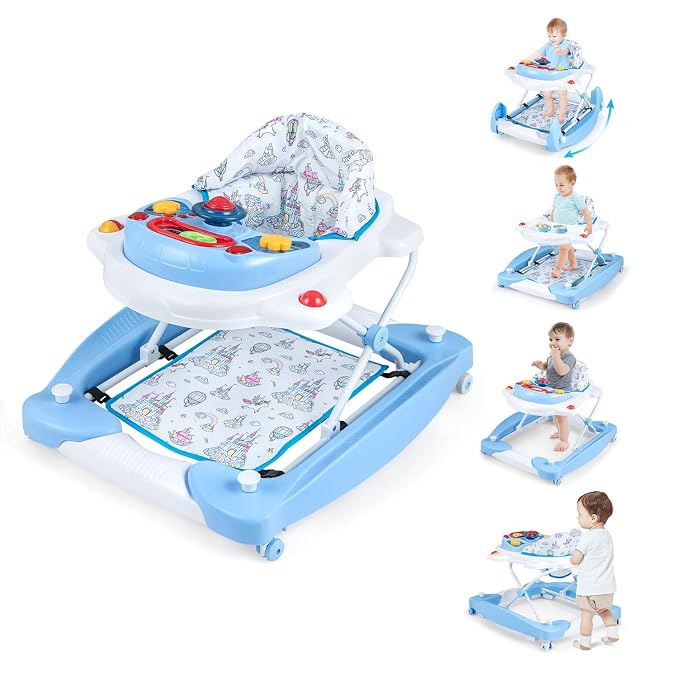BABY JOY 6-in-1 Baby Walker, Foldable Baby Walker with Wheels, Adjustable Height, Music, Lights, Bouncer & Rocker Mode, Baby Walkers for Boys Girls 6-14 Months (Blue)