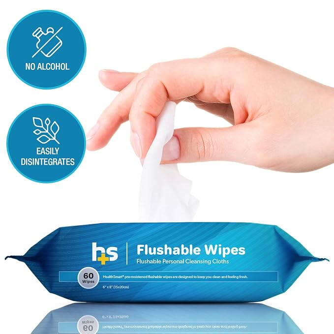 HealthSmart Flushable Wipes, 180 Total Wipes, Gentle on Sensitive Skin, Easily Disintegrates, Alcohol-Free Wipes for Adults or Babies, 3 Packs of 60, FSA & HSA Eligible