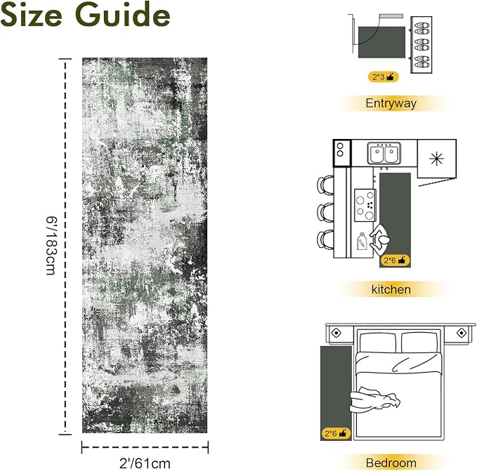 2x6 Ft Washable Runner Rug, Non-Slip Low Pile Hallway Kitchen Area Rug, Soft Long Entryway Floor Mat Abstract Pattern Carpet for Bedside & High-Traffic Areas (Grey/Green)