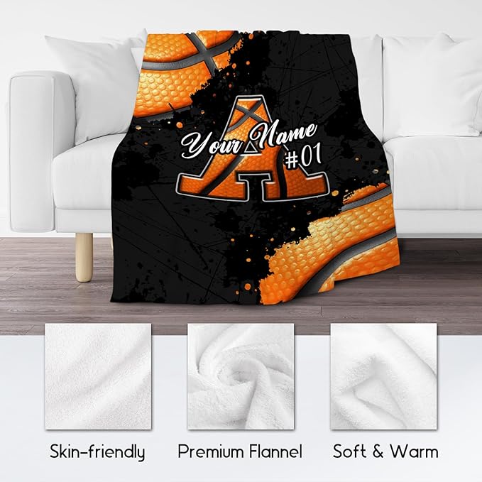 Custom Basketball Blanket - Personalized Gifts for Boys Girls - Cozy Soft Initial Throw for Basketball Lovers - 50x60 Inches Large Blankets for Teens - Sports Decor Ideas for Son Daughter