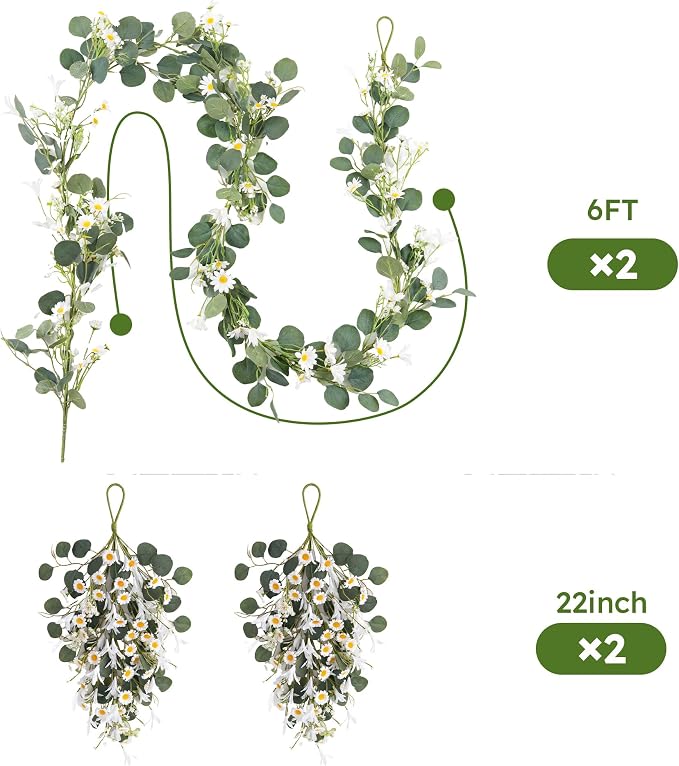 Pinkpum 20'' Eucalyptus Wreath 22'' Daisy Teardrop Swags Set 4 for Front Door Fireplace Hanging Porch Wall Home Window Kitchen Decor Farmhouse Garden Party Indoor Outdoor Summer Spring Fall