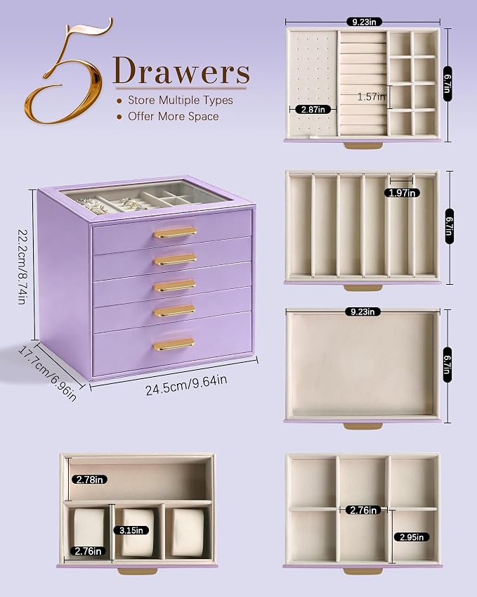 Homeanda Jewelry Boxes Organizer with Glass Lid, 5-Layer PU Leather, Purple | Modern style display case with 5 drawers for daily jewelry, women, mom or girl gift