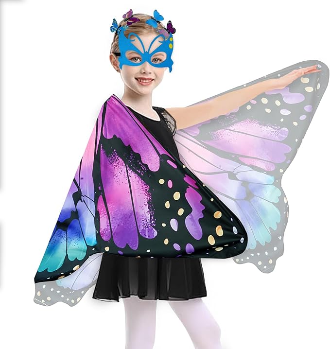 Kids Butterfly Wings Costume Girls Fairy-Wings Toddler Dress Up Play Costumes Butterfly Hair Clip Mask Party Favors (Purple Green Sets)