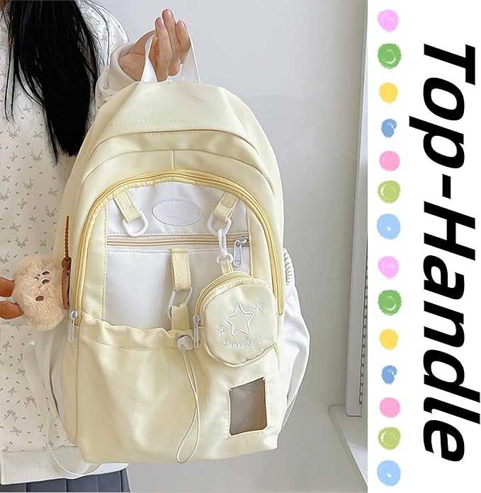 Kawaii Backpack Double Shoulder Bag with Cute Star Removable Pouch Small Clear Front Pocket Large Capacity Fits 16" Laptop Dopamine Colors Daypack (Yellow)