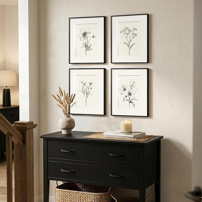 Framed Black and White Floral Wall Art for Bedroom, Vintage Minimalist Botanical Prints Artwork for Walls, Neutral Flower Pictures for Modern Farmhouse Bedroom Living Room Office Wall Decor, 12x16 In