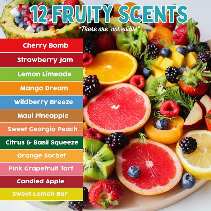 Yummy Fruit Scented Oils (12 Pack) -X Large 10ml (.34 oz) Natural Food Fragrance Bottles for Diffusers, Aromatherapy, Essential Oil, Candles, Crafts, Slime, Gifts -Strawberry, Pineapple, Mango