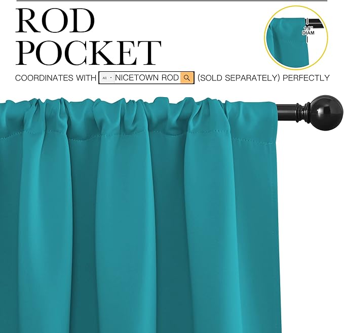 NICETOWN Kitchen Curtains, Peacock Blue, 34" x 40", Set of 2, Short Blackout Curtains & Drapes, Thermal Insulated Rod Pocket Window Treatment Draperies for Nursery