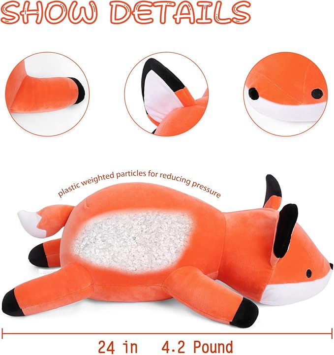 4.2lbs Fox Weighted Stuffed Animals 24in, Weighted Stuffed Animals, Giant Fox Throw Pillow Soft Plushie Doll Toy Gifts for Adults Kids