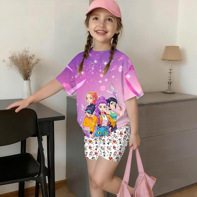 K-POP DEM0N Hunters Outfits for Girls, 2 Piece T-Shirts and Apparel Sets Birthday Gift