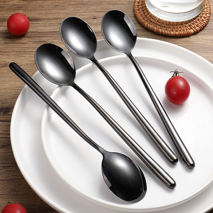 Steel Black Soup Spoon, Long handled Great Circle Spoons,Korean Long Handle Soup Spoon,4 Pieces,8.7x1.6 Inches