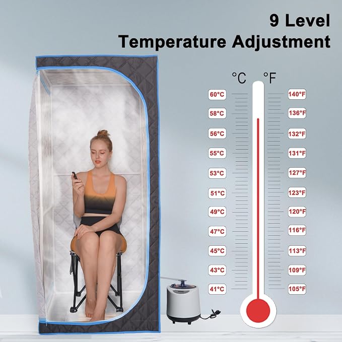 Portable Steam Sauna | Full Size Portablel Sauna Tent | Personal Home Sauna Spa | with 2.2L Water Injection Rate and 1000W Steam Generator, Portable Chair, Black (Blue Edge)