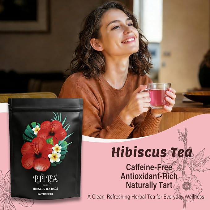 Pipi Tea Hibiscus Tea Bags Organic,100% Natural Organic Hibiscus Tea Bags,Natural Sweet & Sour Flavor,Caffeine-Free,30 Bags (2 Bag)