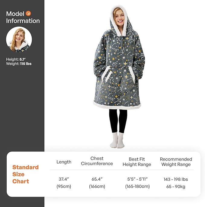 Giggling Getup Wearable Blanket Hoodie for Adults Gifts for Teen Girls Sister Women Sherpa Fleece Printed Hooded Blanket Sweatshirt Warm Cozy with Pocket & Sleeves Grey Glowing Stars