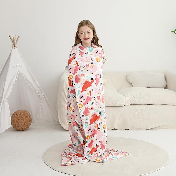 Softan Kids Throw Blanket for Girls & Boys, Warm Soft Toddler Flannel Blankets for Sofa Couch Bed， Cozy Fuzzy Plush Flannel Kids Throw Blanket for Daycare & School - Pink Dinosaur 50x60 inches