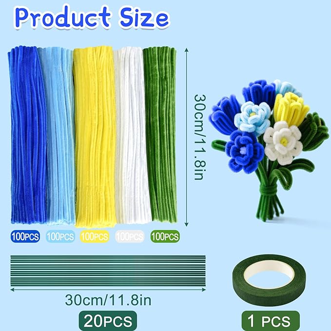 ASTARON 521 Pcs Pipe Cleaners Craft Set, 5 Colors Pipe Cleaners Bulk Pastel Chenille Stems for Craft Pipe Cleaner Flowers Making Kit with Floral Wires, Gardening Tape (Blue Yellow Series)
